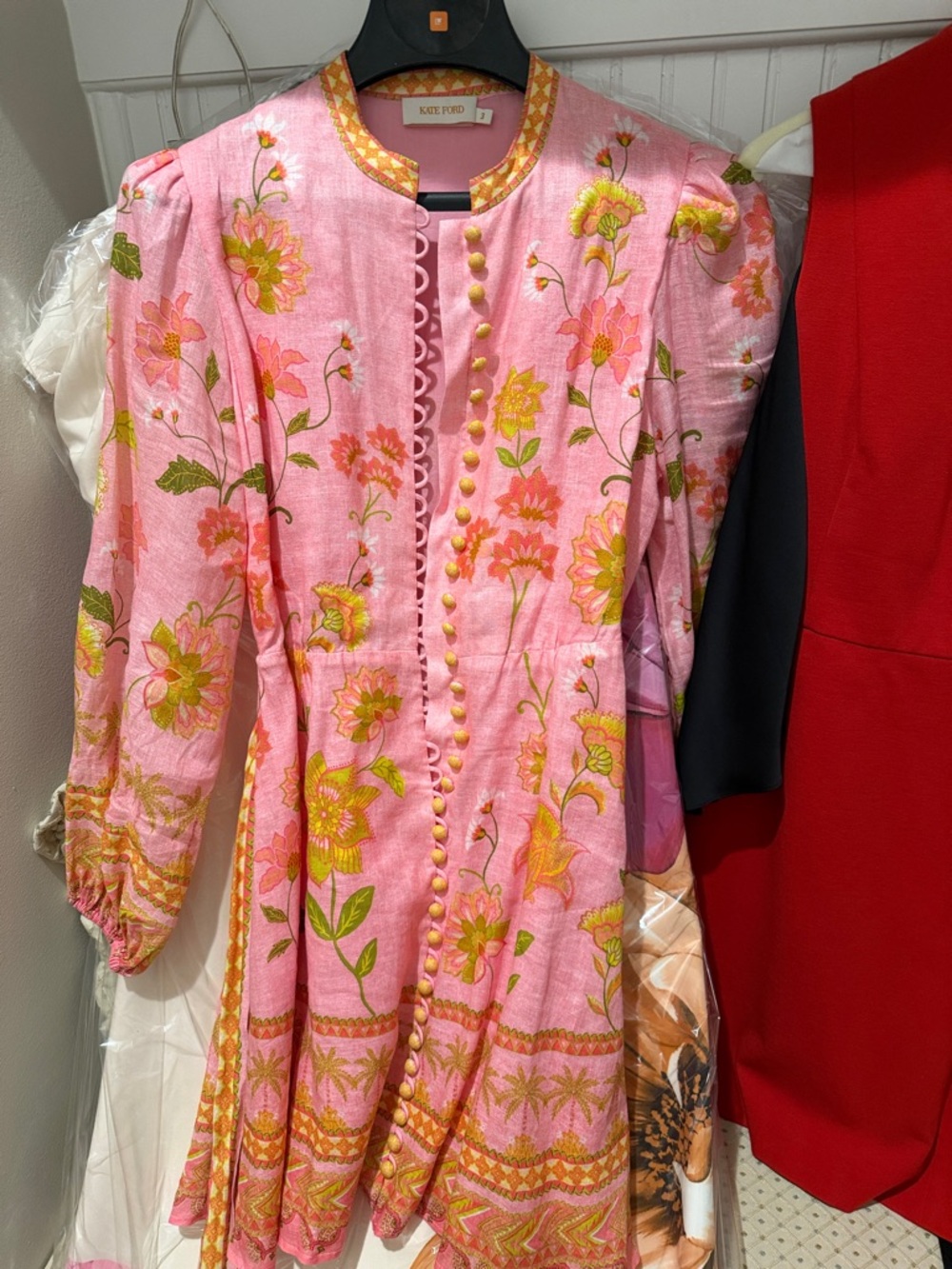 Kate Ford Pink Floral Long Sleeve Midi Dress